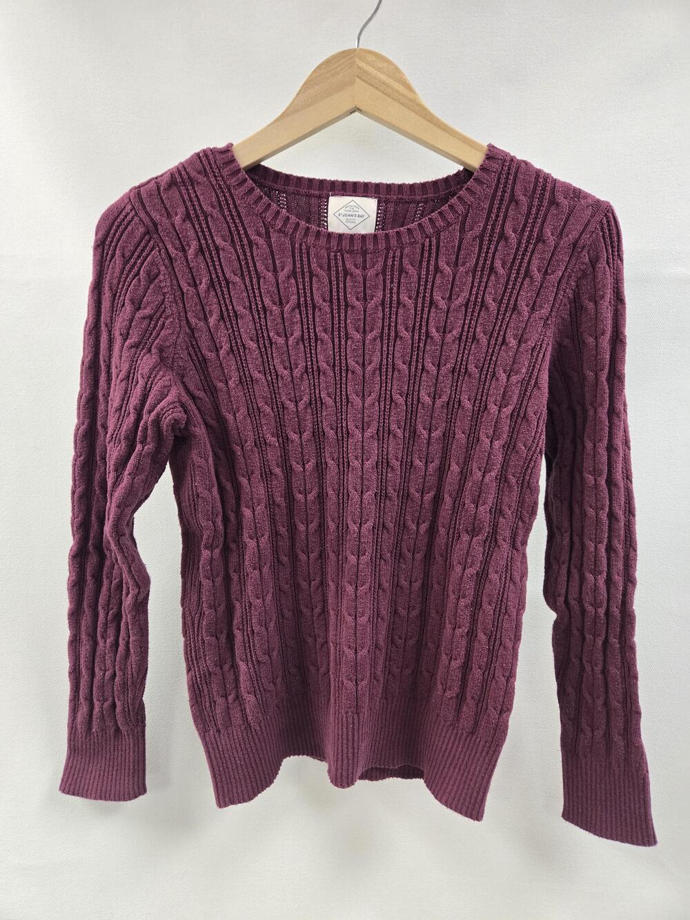 St John's Bay Sweater Womens Large Burgundy Cable Knit Crewneck Cotton Nylon